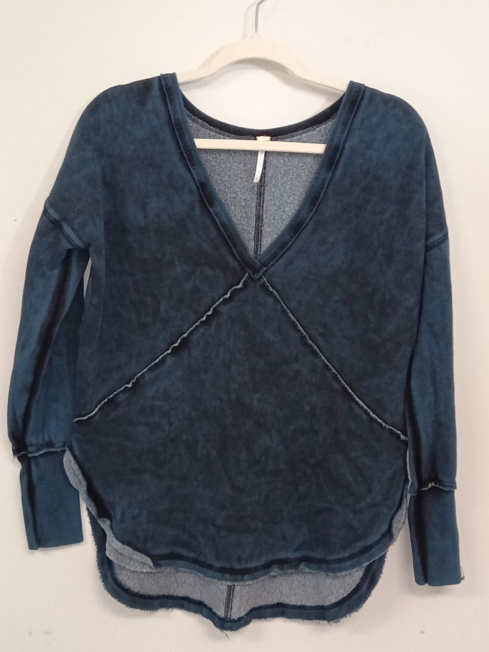 Free People Westeros Blue Wash Raw Hem Deep V-Neck Sweatshirt XS Boho
